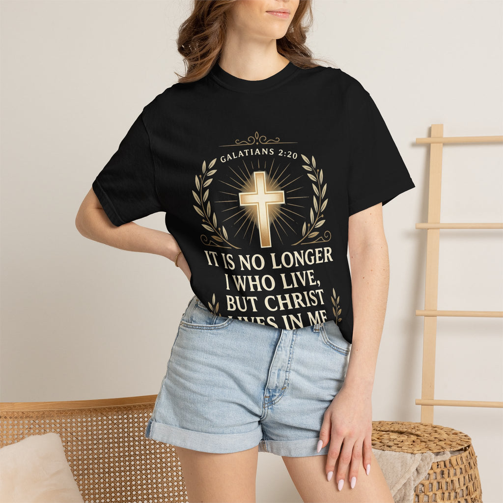 Christian Faith T-Shirt — "It Is No Longer I Who Live, But Christ Lives in Me" (Galatians 2:20)