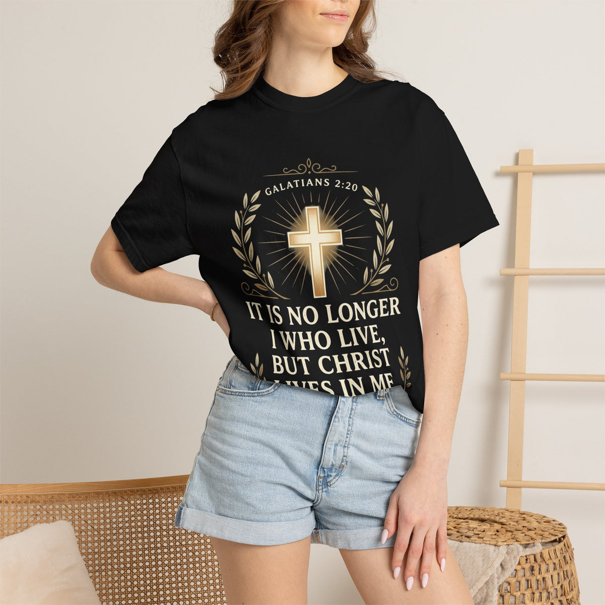 Christian Faith T-Shirt — "It Is No Longer I Who Live, But Christ Lives in Me" (Galatians 2:20)