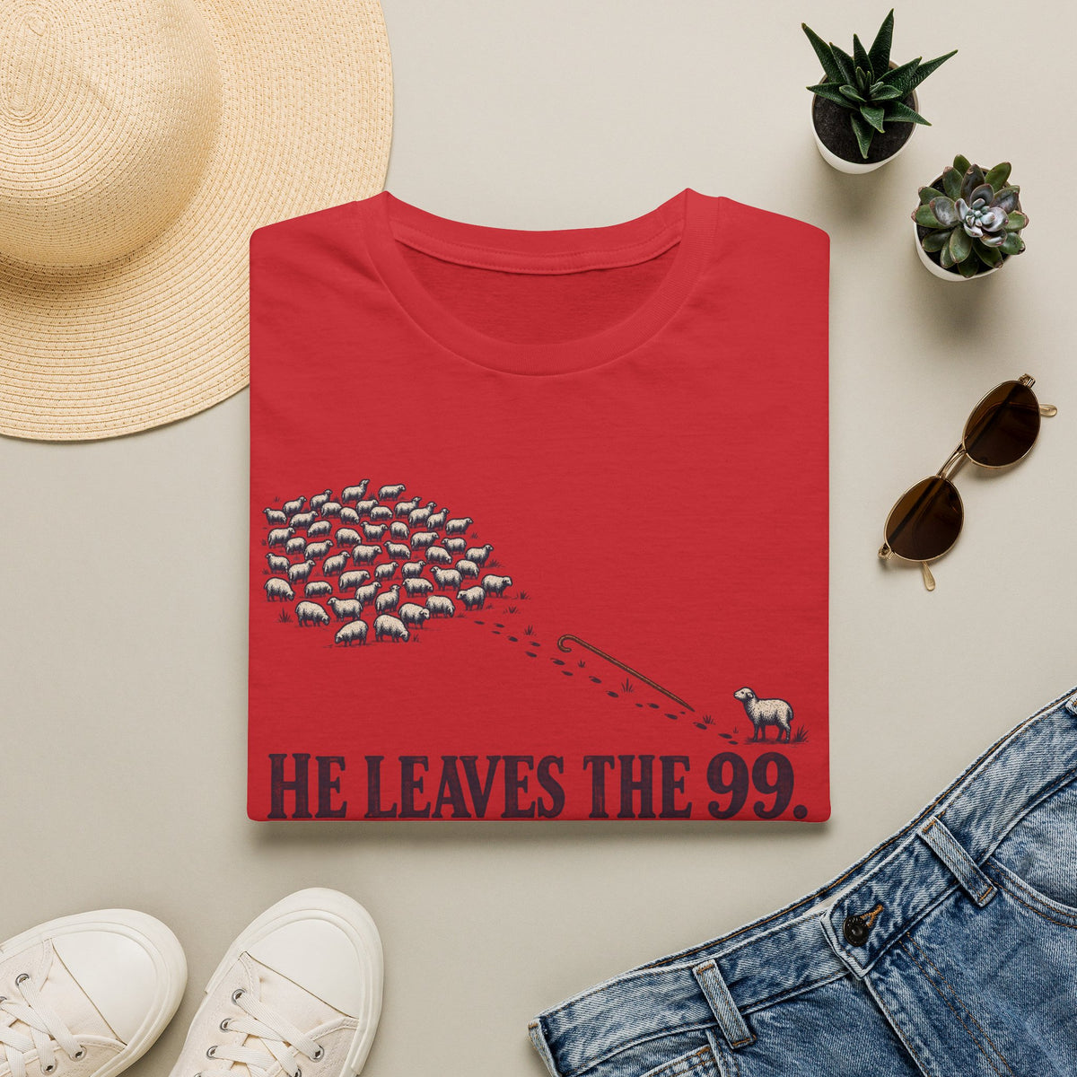 He Leaves the 99 T-Shirt — Christian Shepherd & Lost Sheep Faith Tee