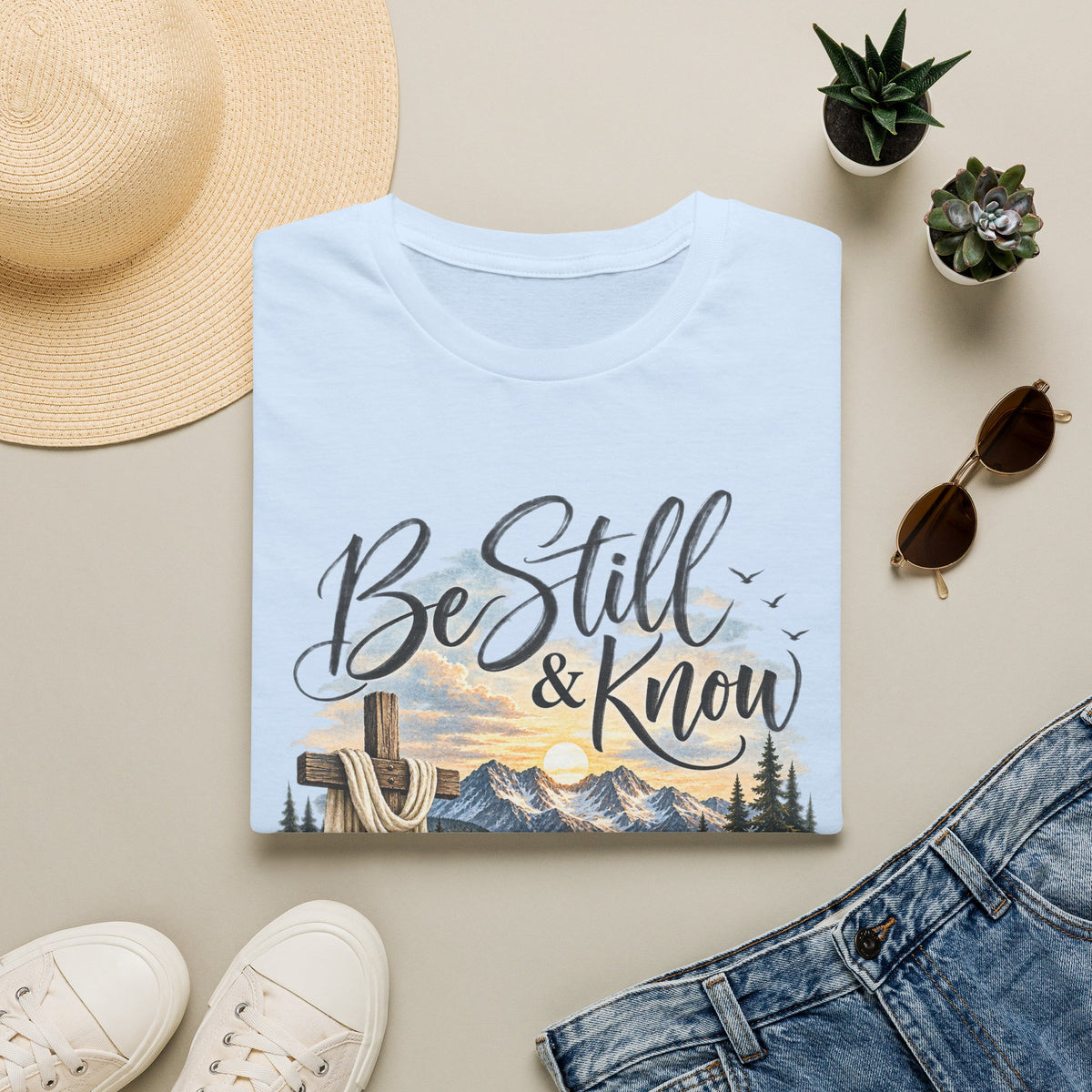 Be Still & Know T-Shirt — Christian Faith Scenic Cross Tee