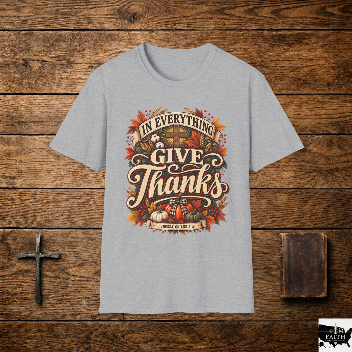 Give Thanks design T-Shirt | Fall Thanksgiving pumpkin cross harvest