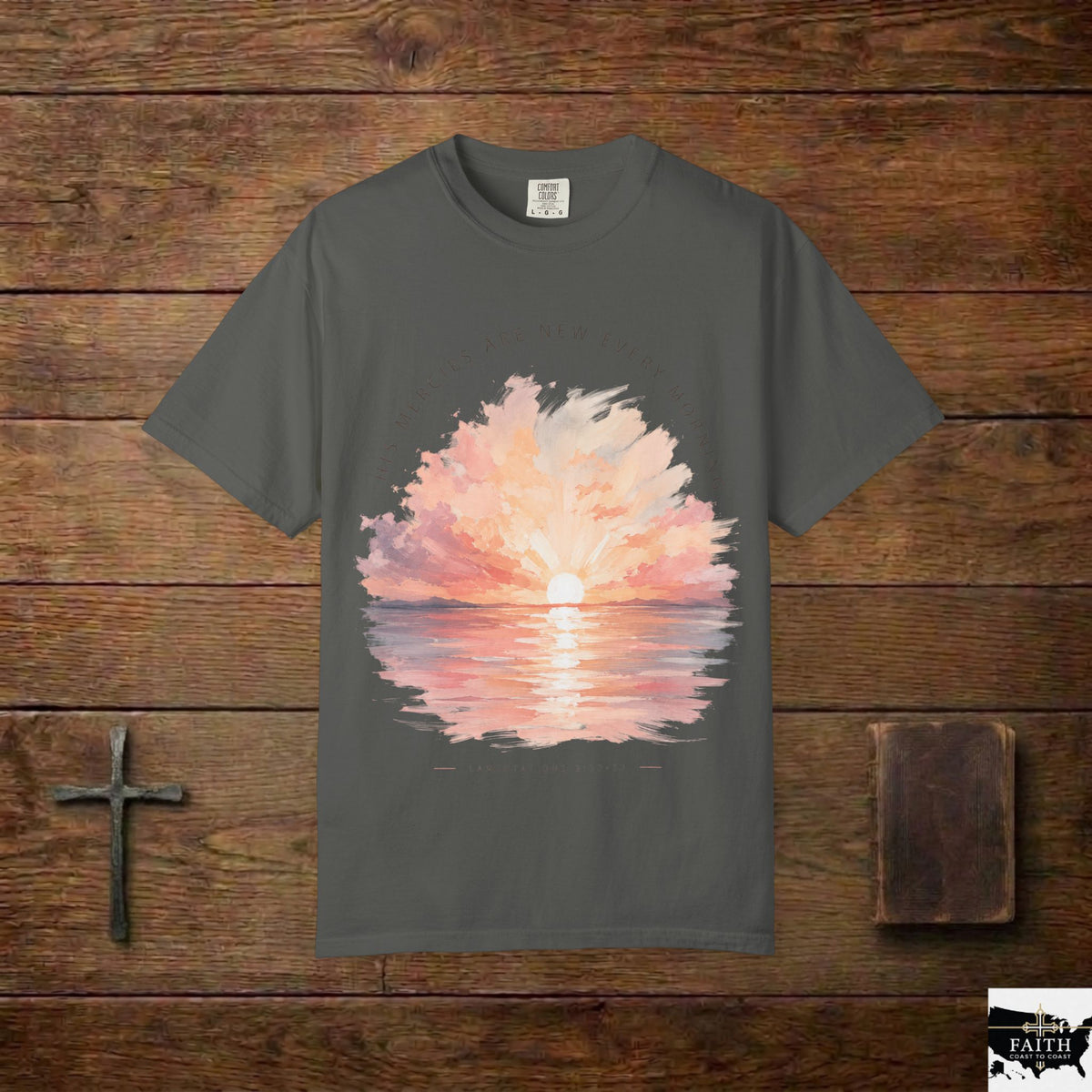 Sunset Reflection T-Shirt — "His Mercy Is New Every Morning" Christian Inspirational Tee