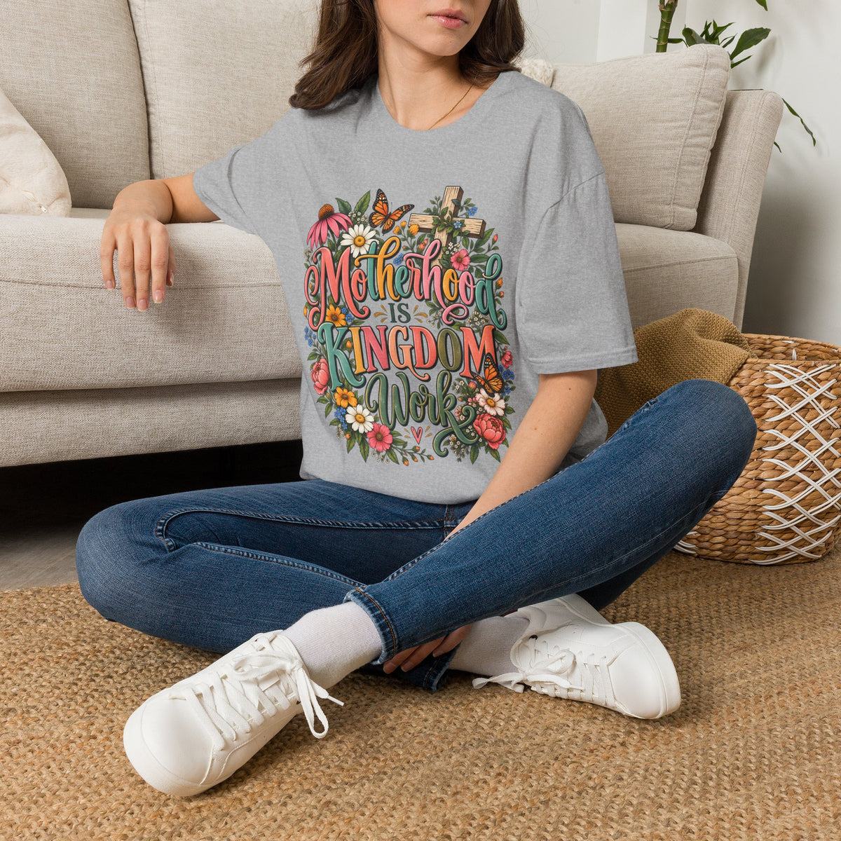Motherhood Is Kingdom Work T-Shirt — Floral Butterfly Mom Tee