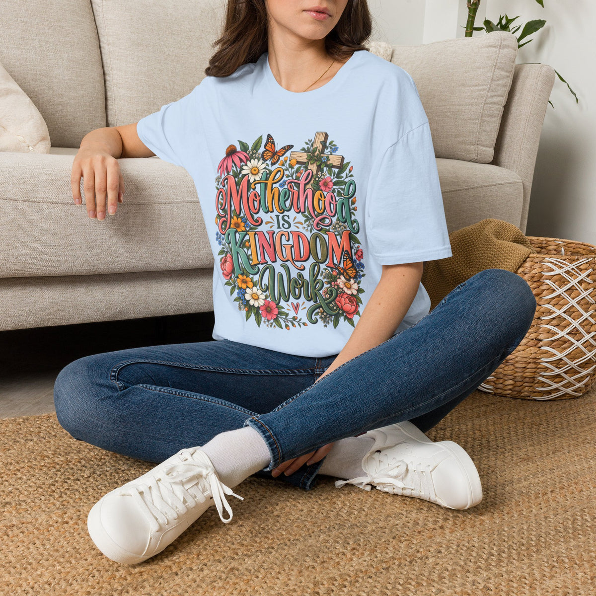 Motherhood Is Kingdom Work T-Shirt — Floral Butterfly Mom Tee