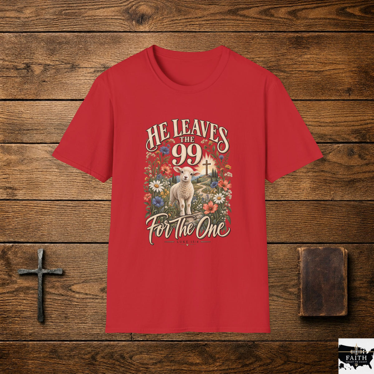 He Leaves the 99 Lamb T-Shirt | Christian Faith Cross, Floral Shepherd Design