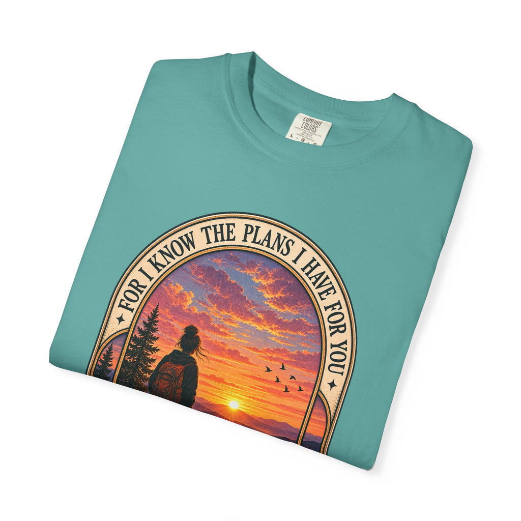 Sunset Hiker T‑Shirt — "For I Know the Plans I Have for You" Inspirational Graphic Tee