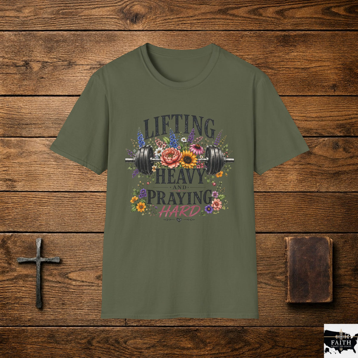 Lifting Heavy and Praying Hard T-Shirt | Floral Barbell Faith Workout