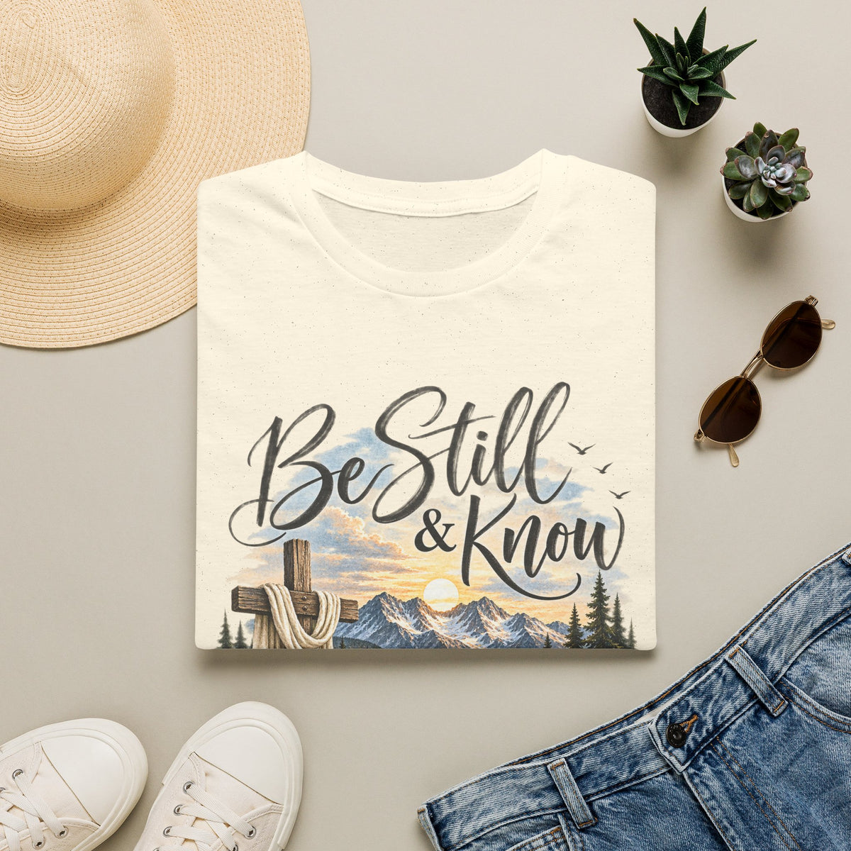 Be Still & Know T-Shirt — Christian Faith Scenic Cross Tee