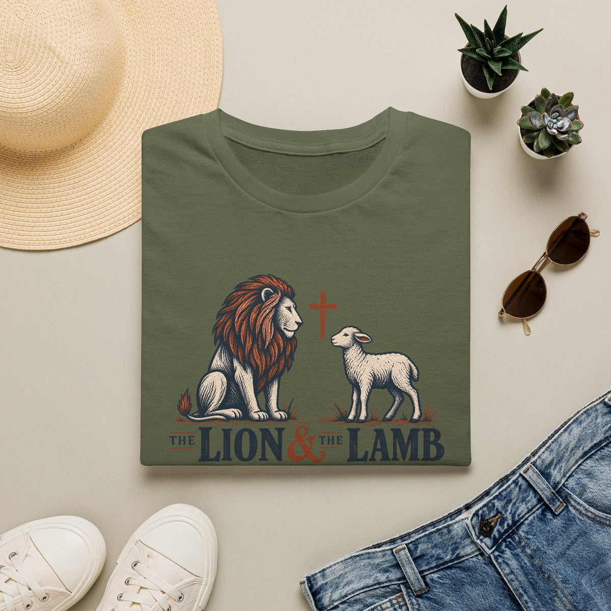 Lion & Lamb Christian T-Shirt — Faith Cross Graphic Tee