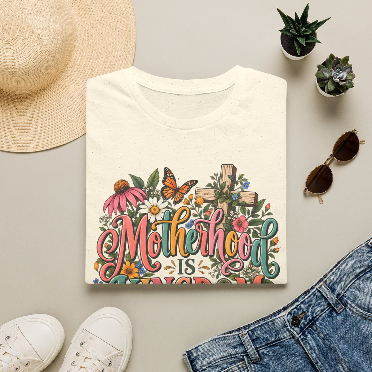 Motherhood Is Kingdom Work T-Shirt — Floral Butterfly Mom Tee