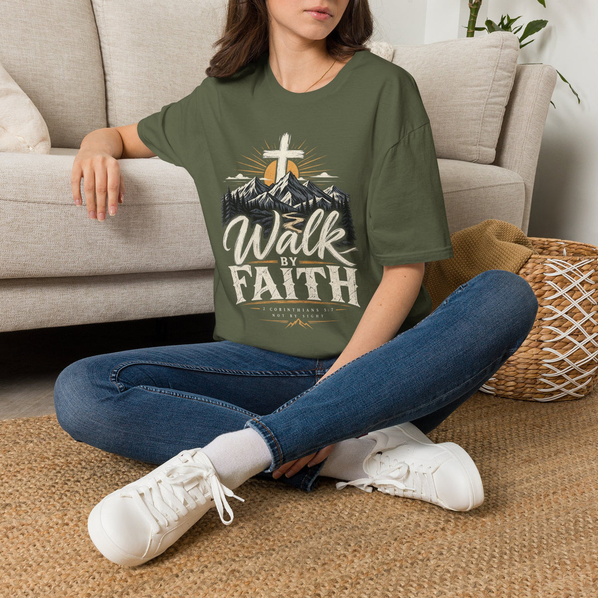 Faith T-Shirt — "Walk by Faith" Christian Cross Mountain Graphic Tee