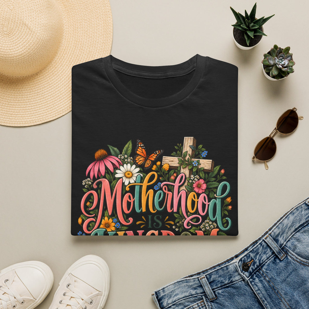 Motherhood Is Kingdom Work T-Shirt — Floral Butterfly Mom Tee