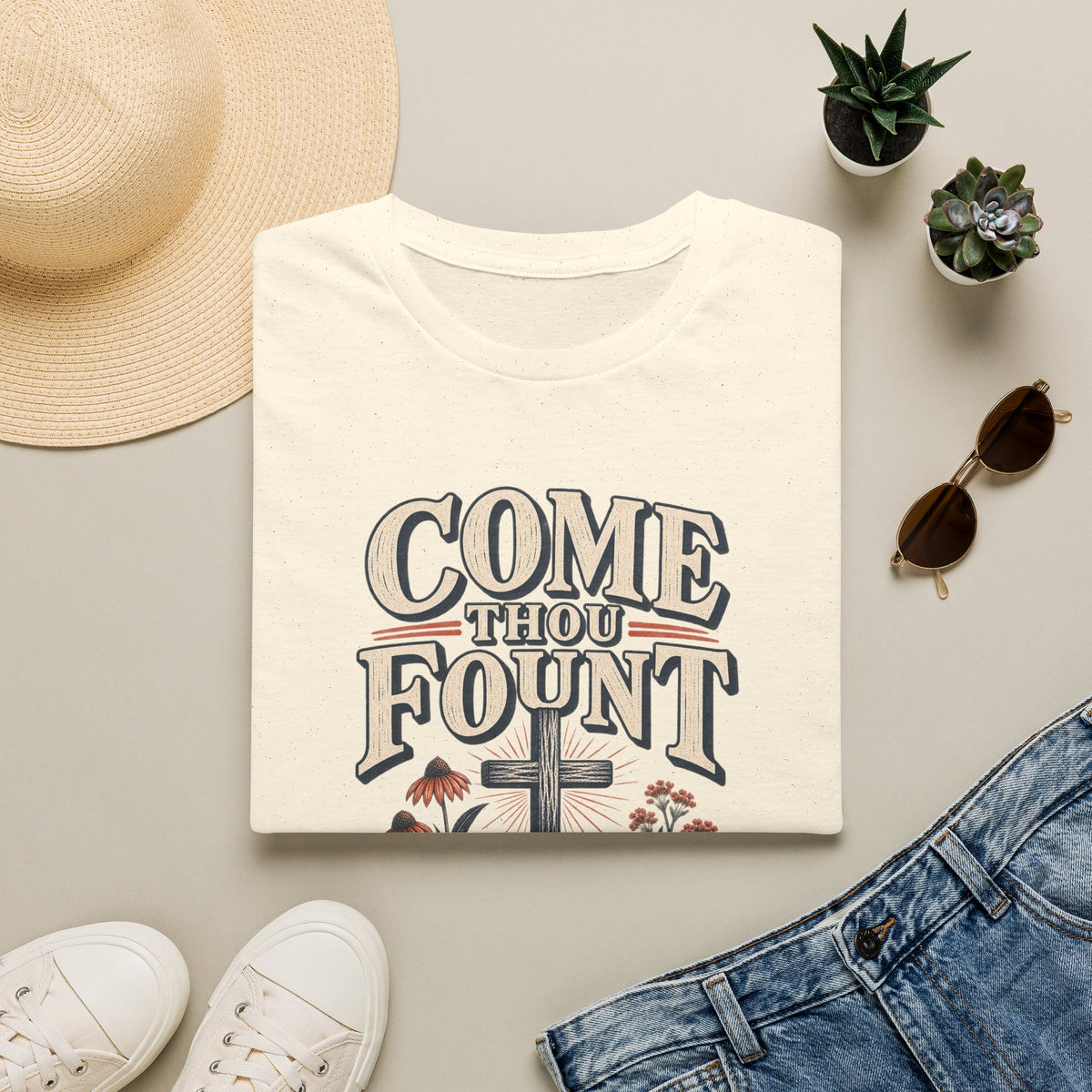 Come Thou Fount T-Shirt — Christian Worship Tee with Cross & Floral Design