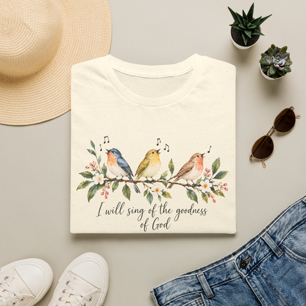 Christian Bird T-Shirt — "I Will Sing of the Goodness of God" Floral Faith Tee