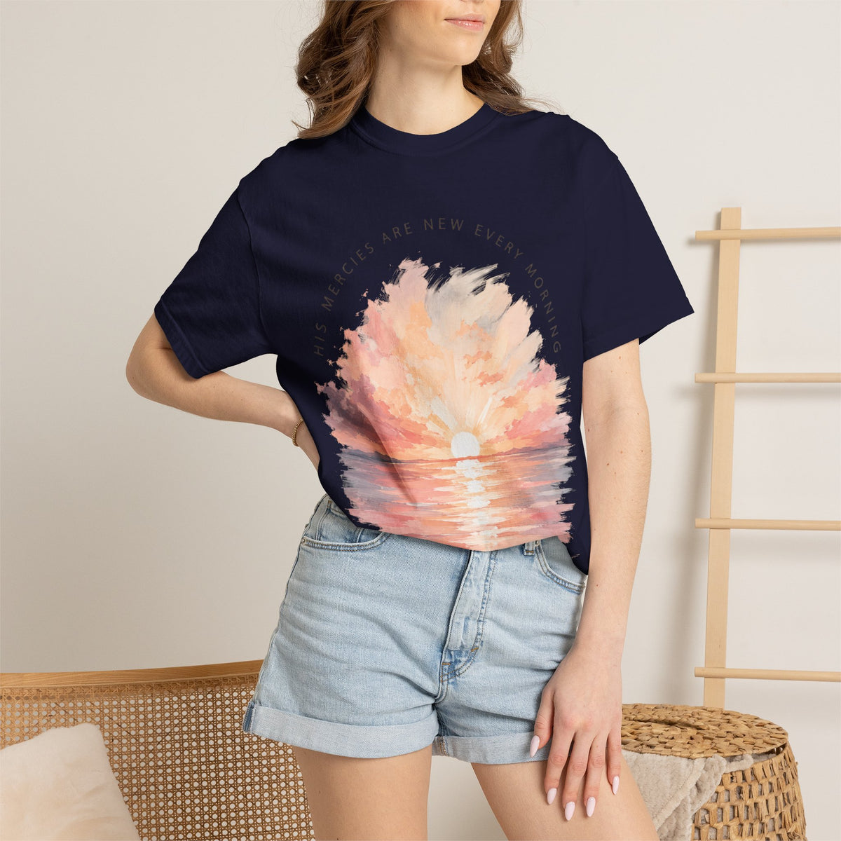 Sunset Reflection T-Shirt — "His Mercy Is New Every Morning" Christian Inspirational Tee