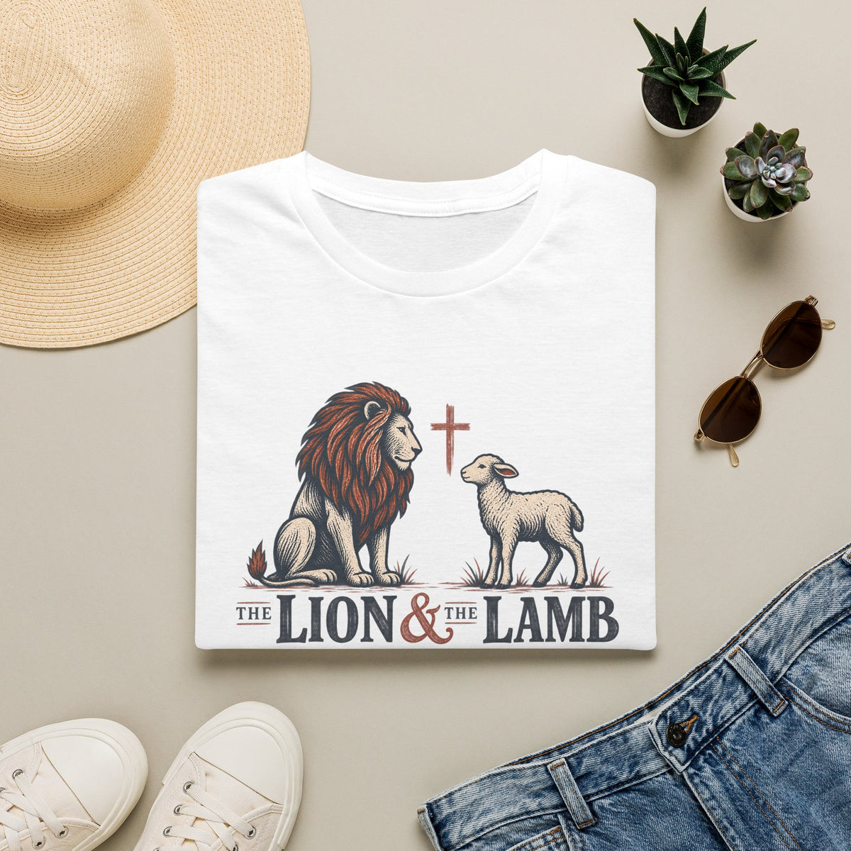 Lion & Lamb Christian T-Shirt — Faith Cross Graphic Tee