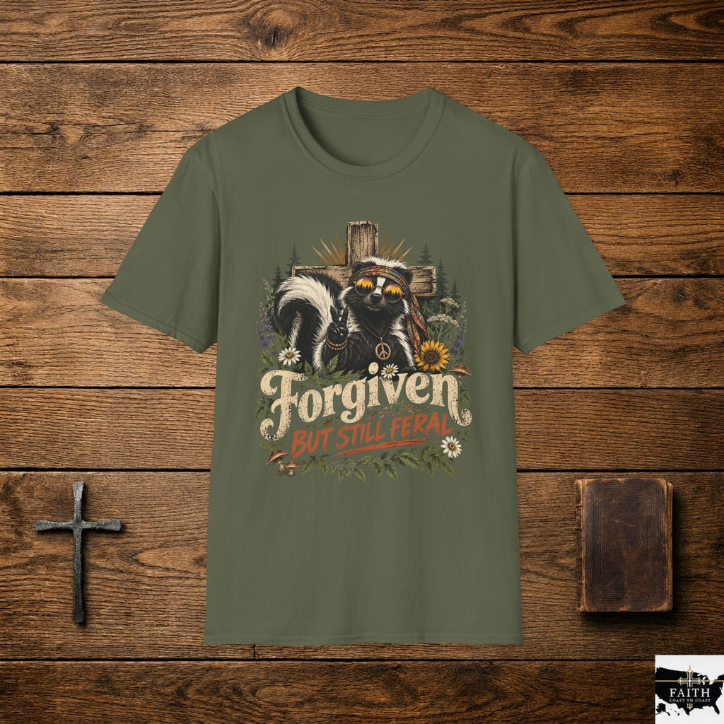 Forgiven But Still Feral Skunk T-Shirt — Retro Hippie Peace Graphic