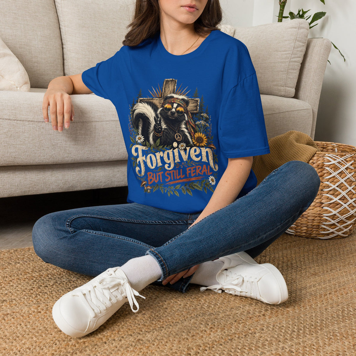 Forgiven But Still Feral Skunk T-Shirt — Retro Hippie Peace Graphic