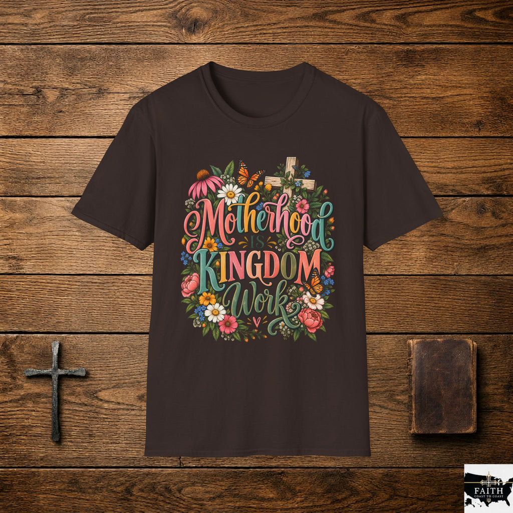 Motherhood Is Kingdom Work T-Shirt — Floral Butterfly Mom Tee