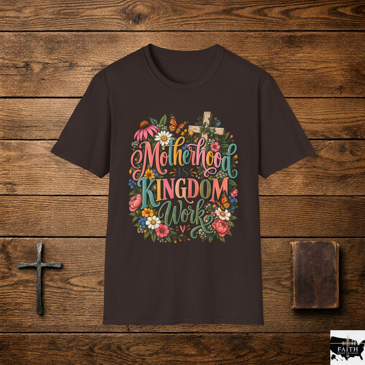 Motherhood Is Kingdom Work T-Shirt — Floral Butterfly Mom Tee