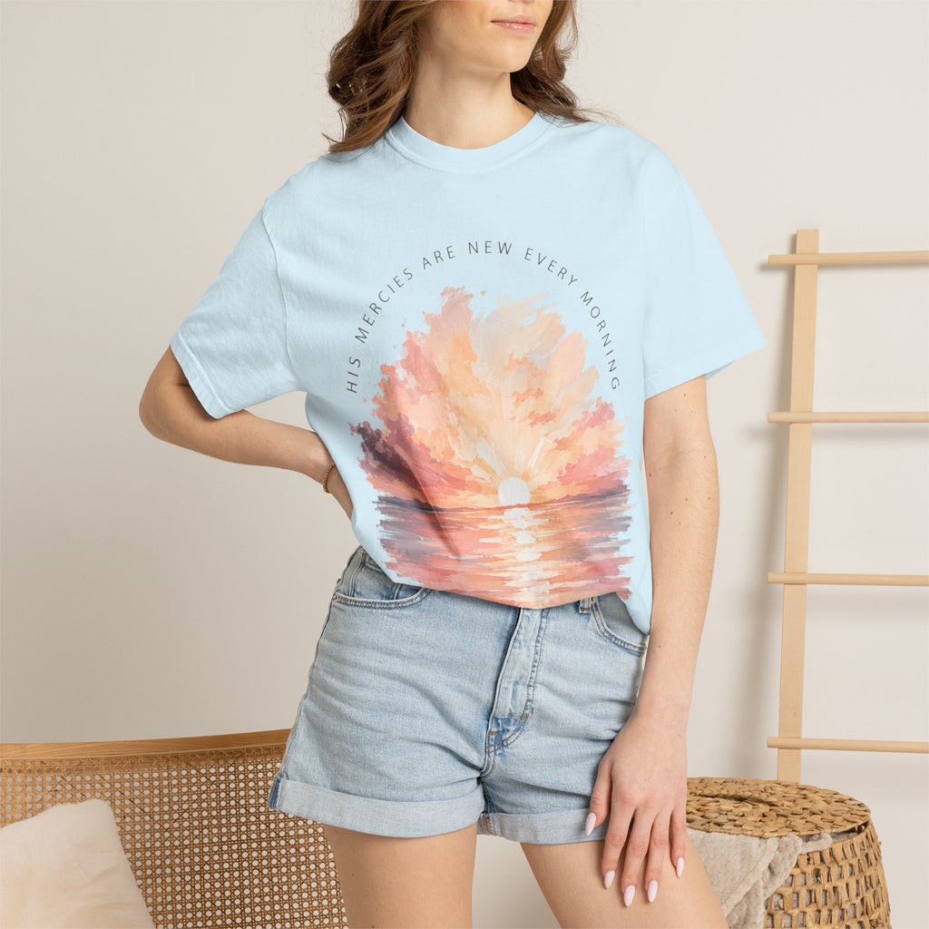 Sunset Reflection T-Shirt — "His Mercy Is New Every Morning" Christian Inspirational Tee