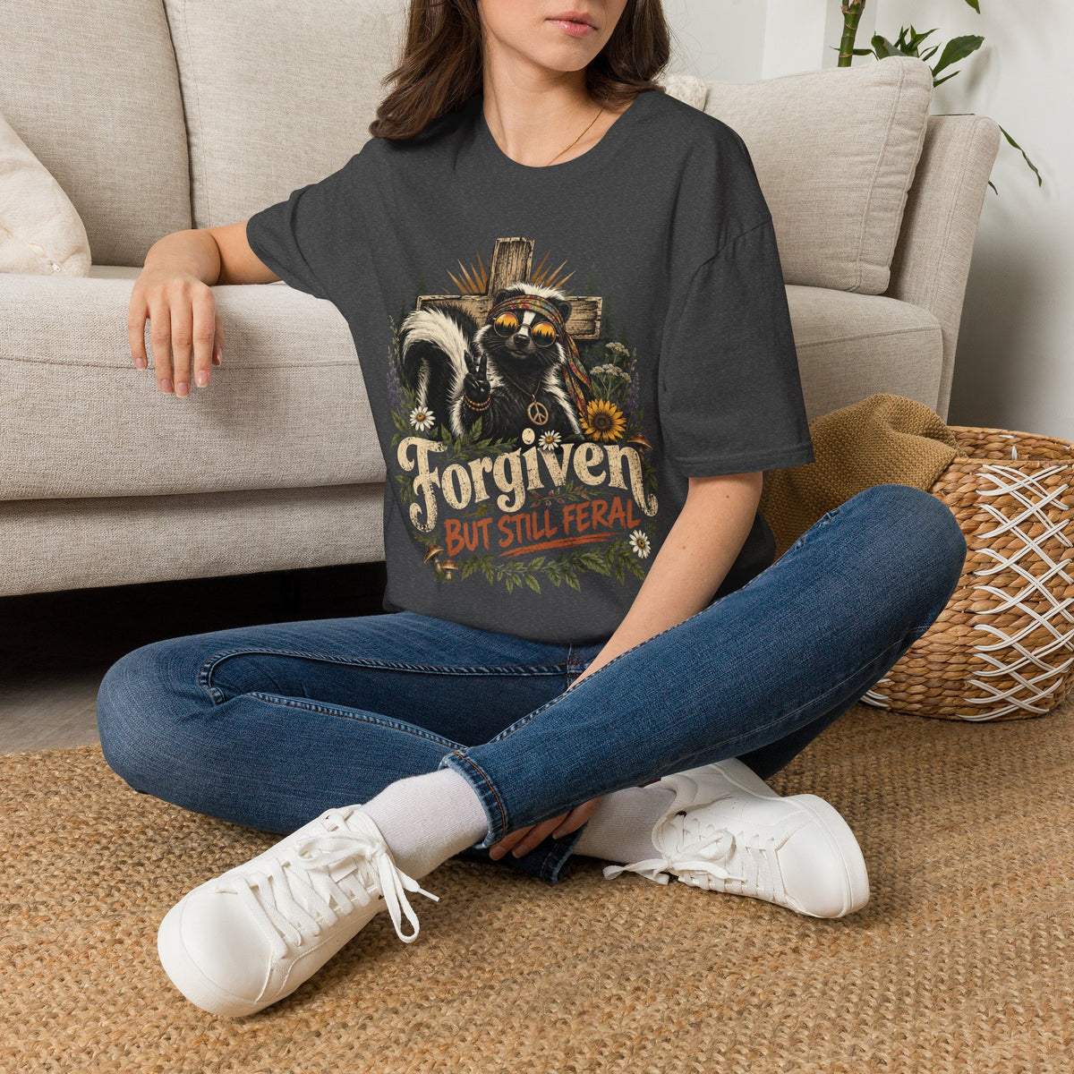 Forgiven But Still Feral Skunk T-Shirt — Retro Hippie Peace Graphic