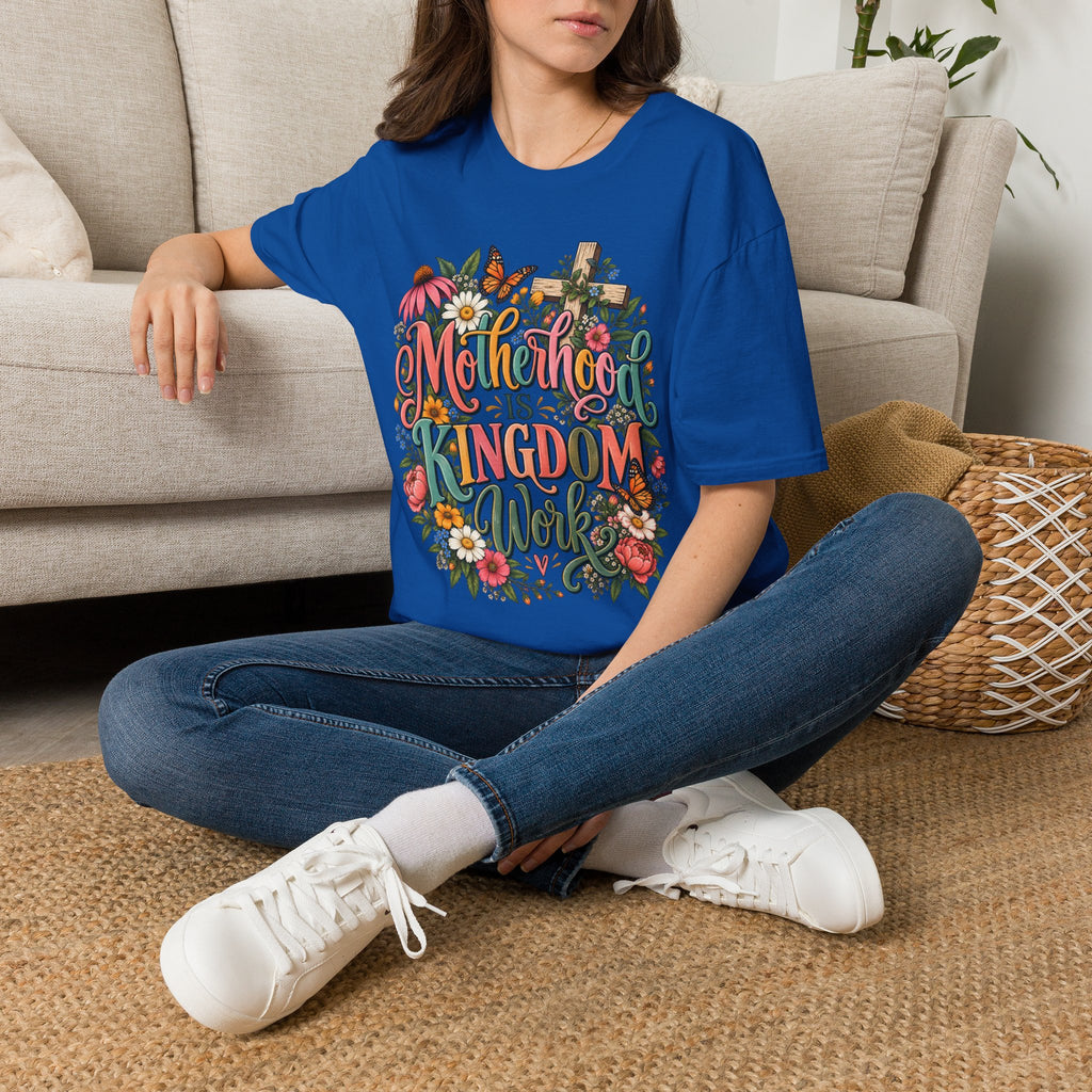 Motherhood Is Kingdom Work T-Shirt — Floral Butterfly Mom Tee