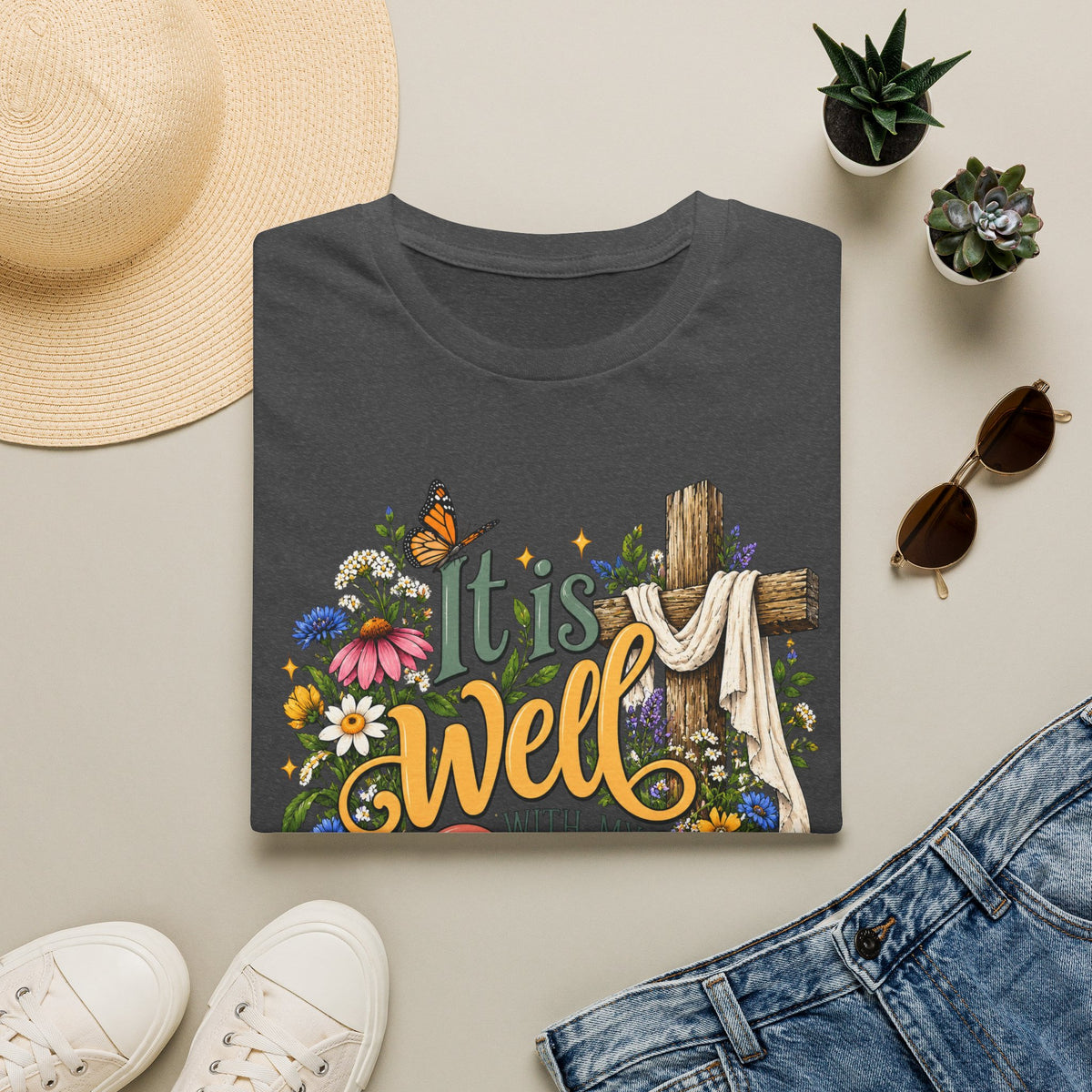 It Is Well Floral Cross T‑Shirt