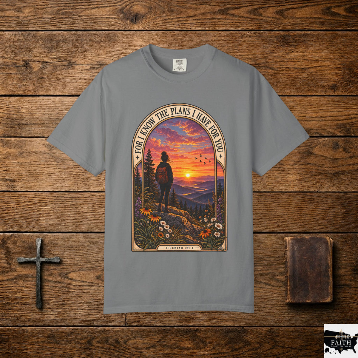 Sunset Hiker T‑Shirt — "For I Know the Plans I Have for You" Inspirational Graphic Tee