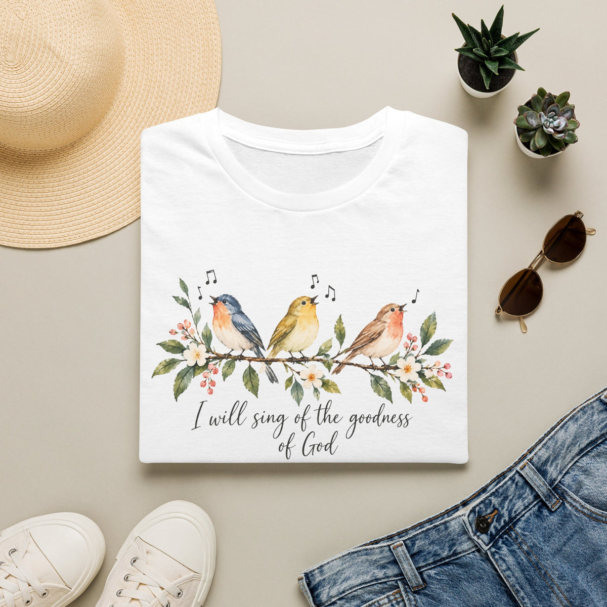 Christian Bird T-Shirt — "I Will Sing of the Goodness of God" Floral Faith Tee