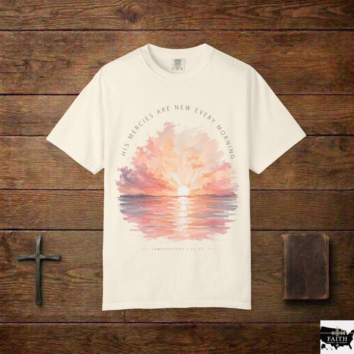 Sunset Reflection T-Shirt — "His Mercy Is New Every Morning" Christian Inspirational Tee