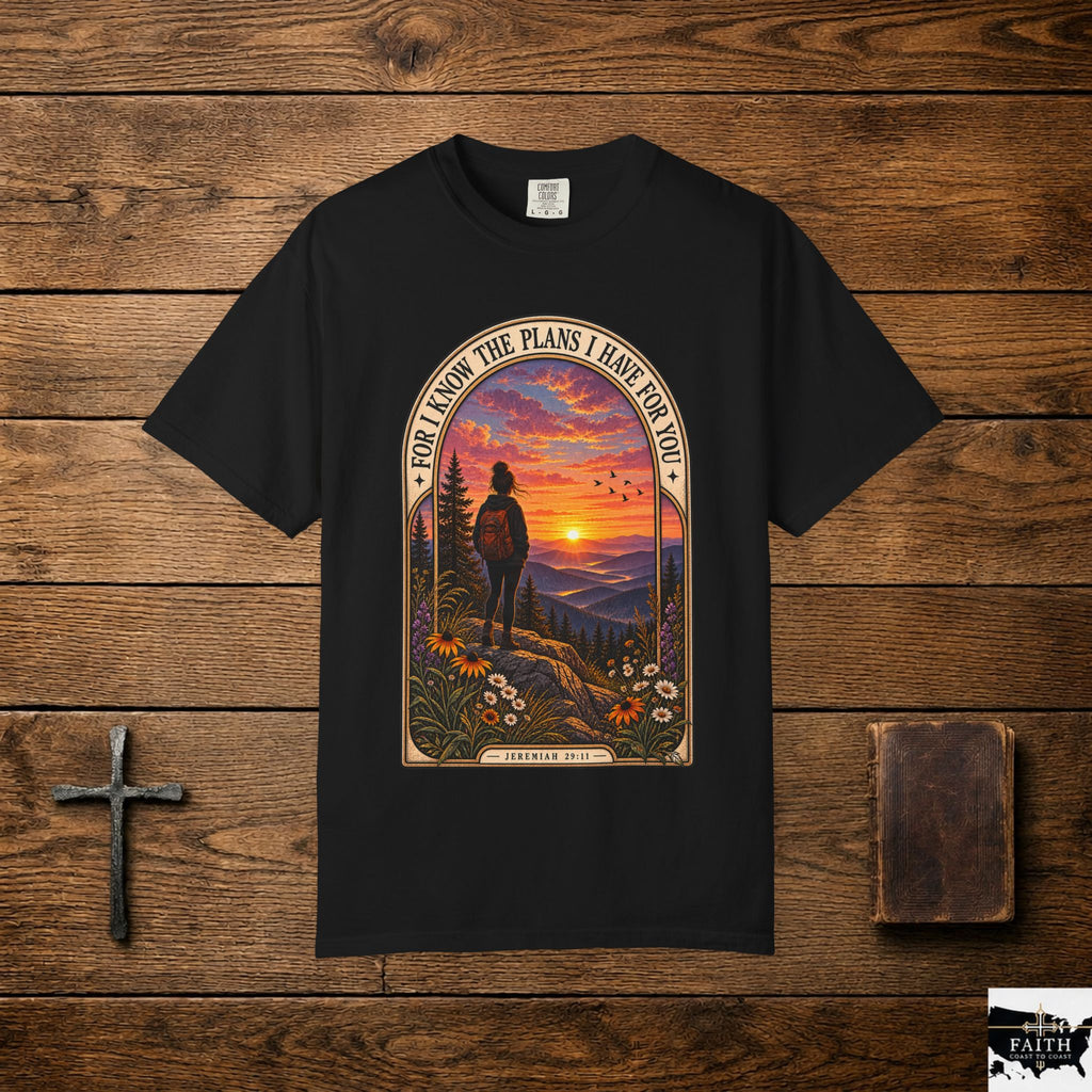 Sunset Hiker T‑Shirt — "For I Know the Plans I Have for You" Inspirational Graphic Tee