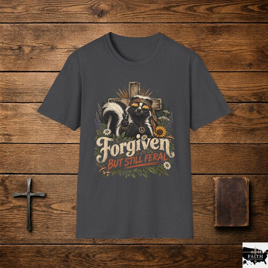 Forgiven But Still Feral Skunk T-Shirt — Retro Hippie Peace Graphic