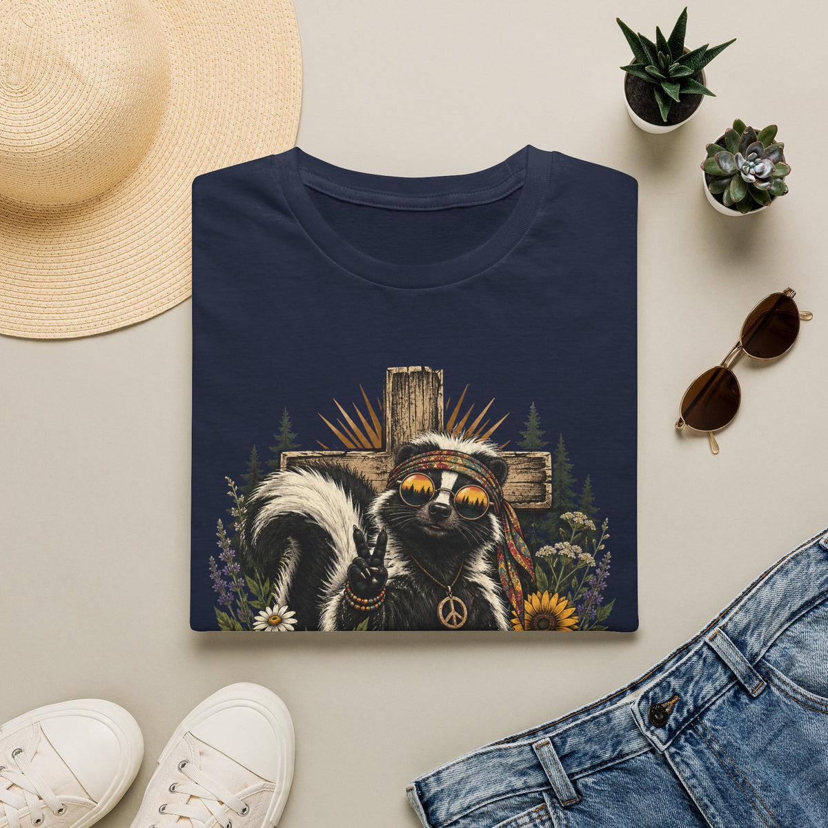 Forgiven But Still Feral Skunk T-Shirt — Retro Hippie Peace Graphic