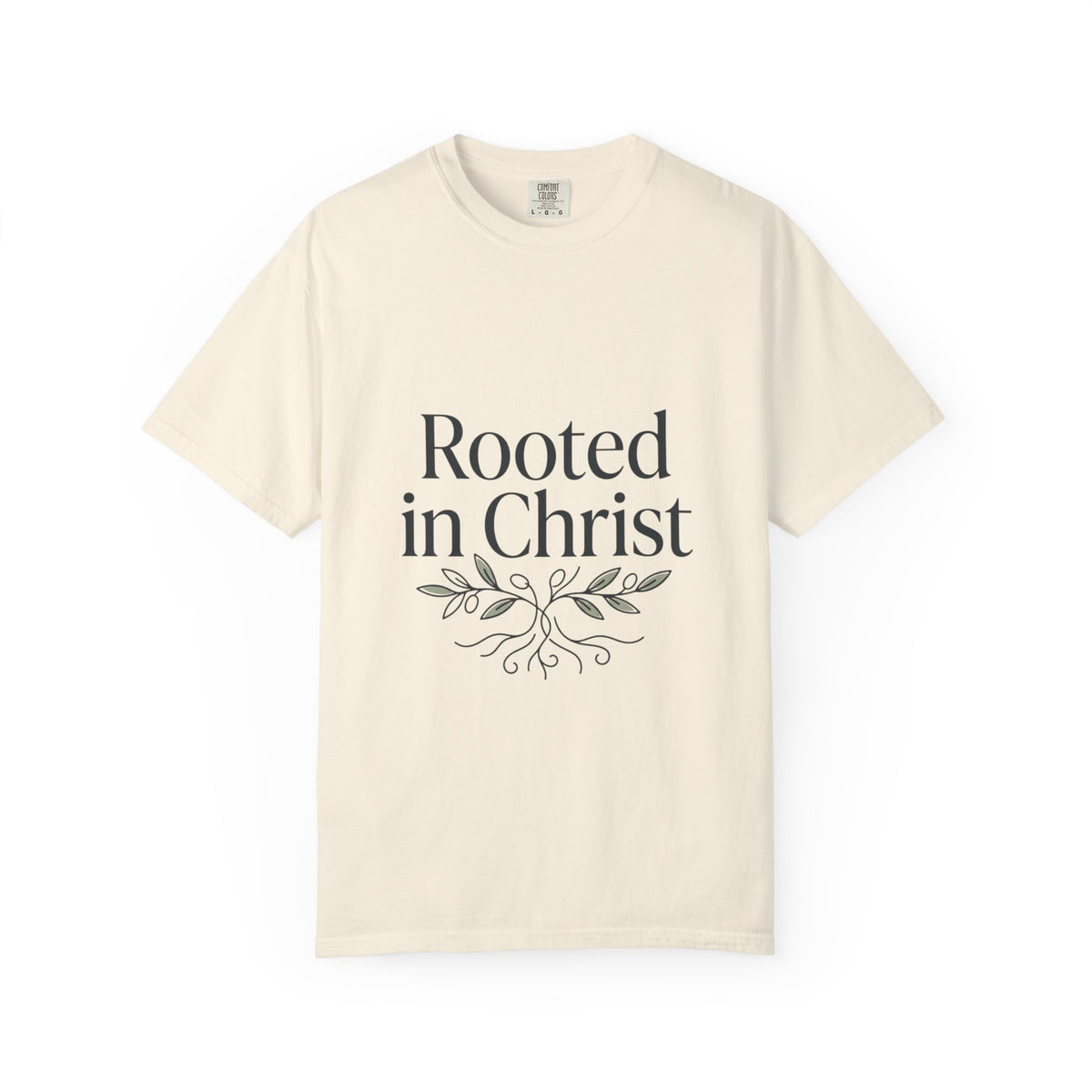 Rooted in Christ T-shirt | Christian Faith Typography with Leaf Roots