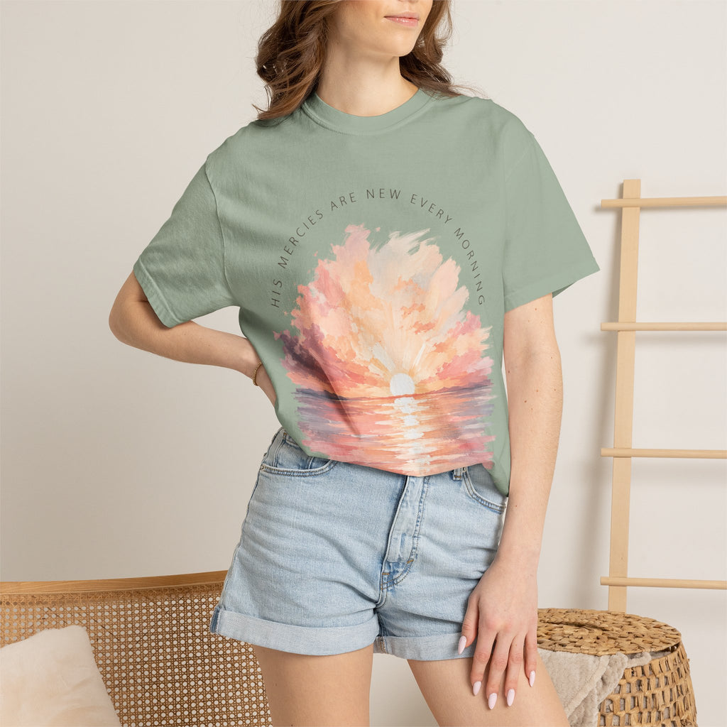 Sunset Reflection T-Shirt — "His Mercy Is New Every Morning" Christian Inspirational Tee