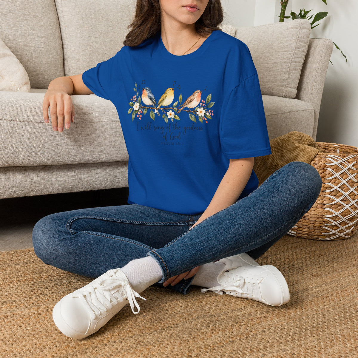 Christian Bird T-Shirt — "I Will Sing of the Goodness of God" Floral Faith Tee