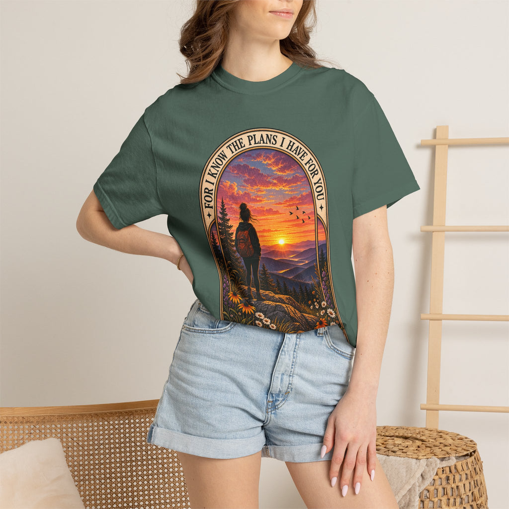 Sunset Hiker T‑Shirt — "For I Know the Plans I Have for You" Inspirational Graphic Tee