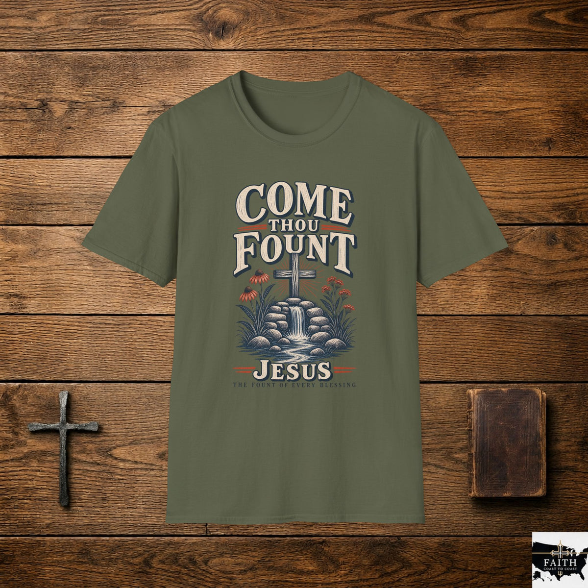 Come Thou Fount T-Shirt — Christian Worship Tee with Cross & Floral Design