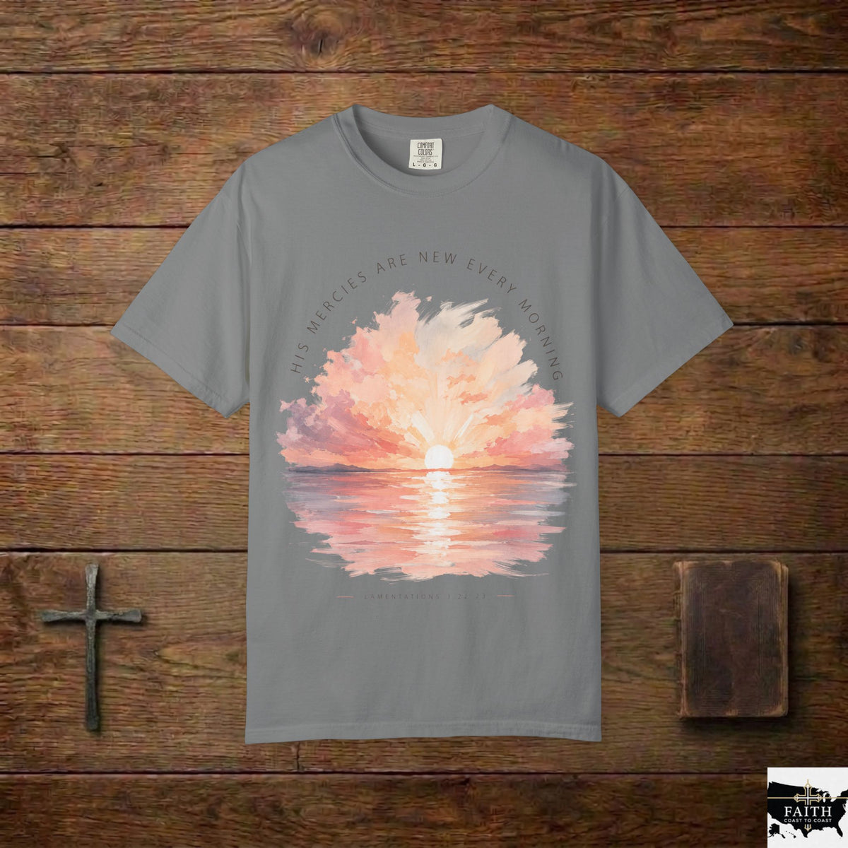 Sunset Reflection T-Shirt — "His Mercy Is New Every Morning" Christian Inspirational Tee