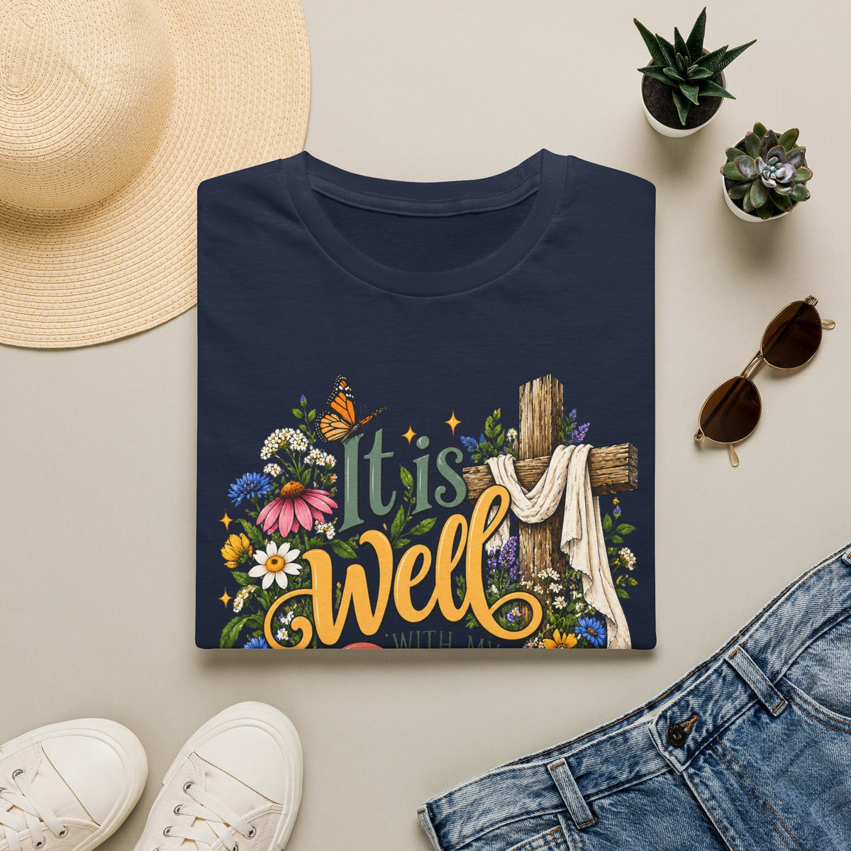 It Is Well Floral Cross T‑Shirt