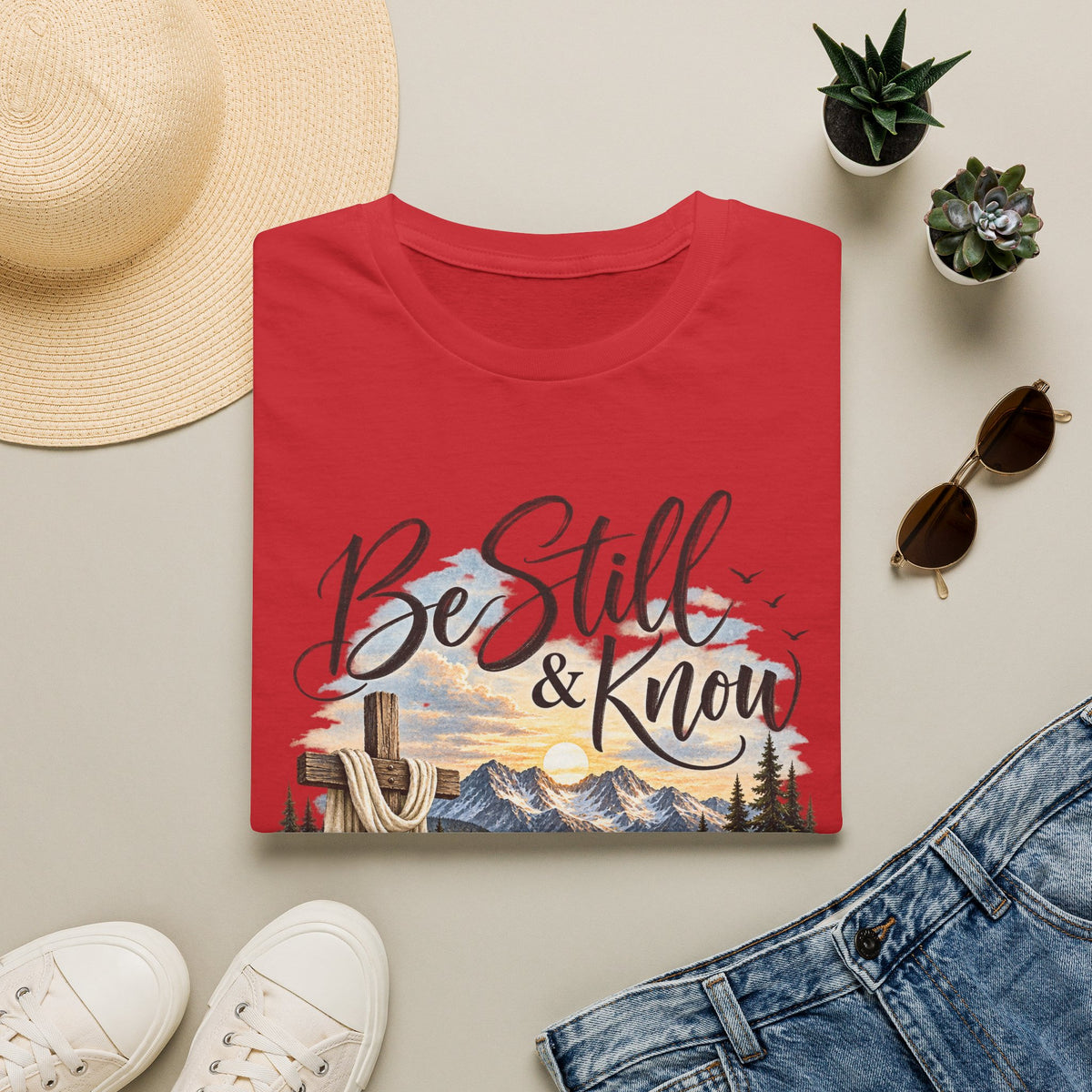 Be Still & Know T-Shirt — Christian Faith Scenic Cross Tee