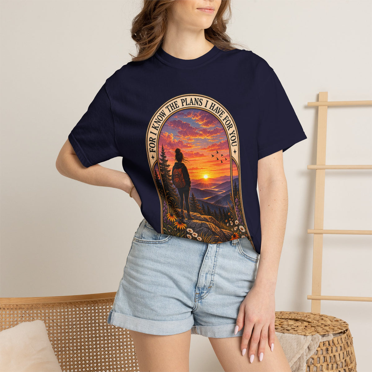 Sunset Hiker T‑Shirt — "For I Know the Plans I Have for You" Inspirational Graphic Tee