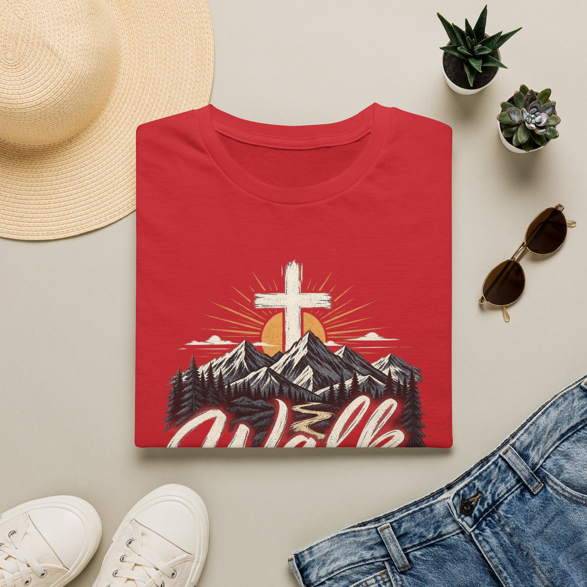 Faith T-Shirt — "Walk by Faith" Christian Cross Mountain Graphic Tee