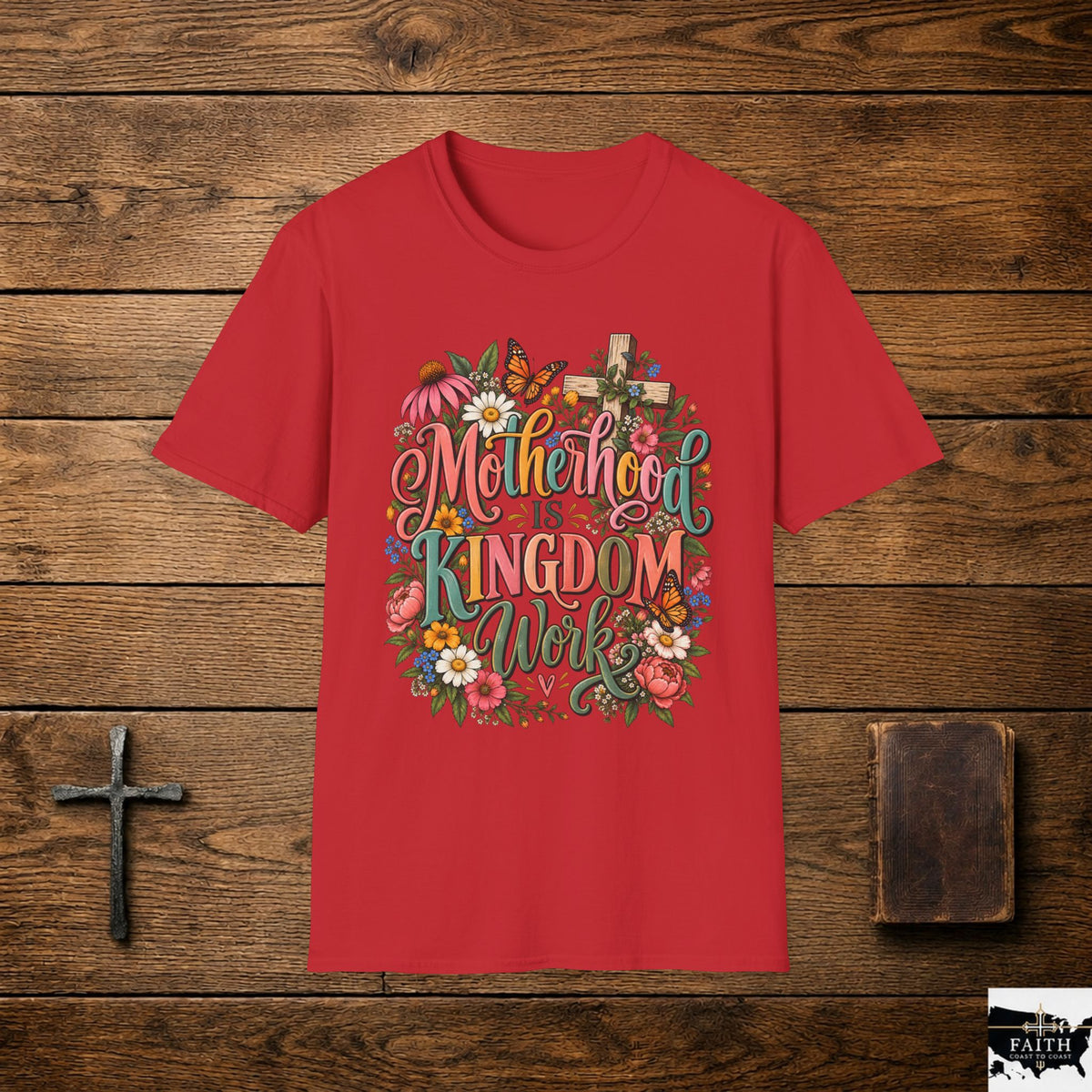 Motherhood Is Kingdom Work T-Shirt — Floral Butterfly Mom Tee