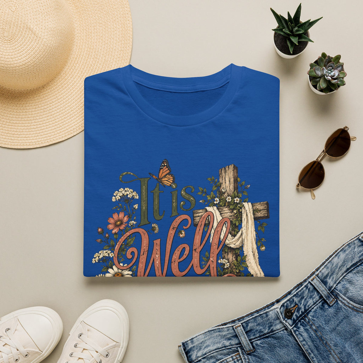 It Is Well T-Shirt — Floral Cross Christian Faith Tee