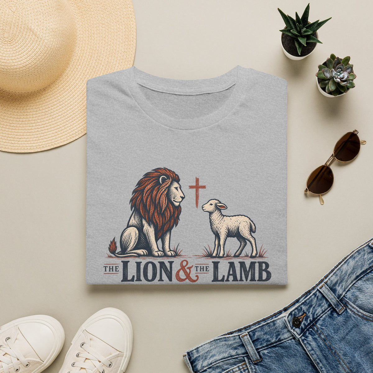 Lion & Lamb Christian T-Shirt — Faith Cross Graphic Tee