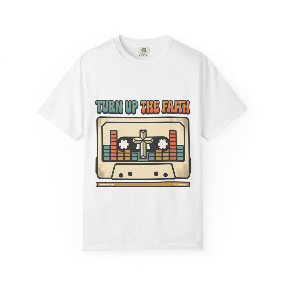 Turn Up The Faith cassette tape T-shirt | Christian retro music design