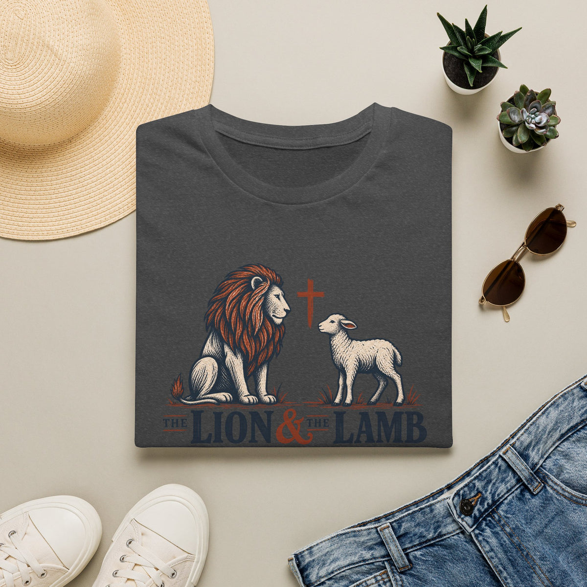 Lion & Lamb Christian T-Shirt — Faith Cross Graphic Tee