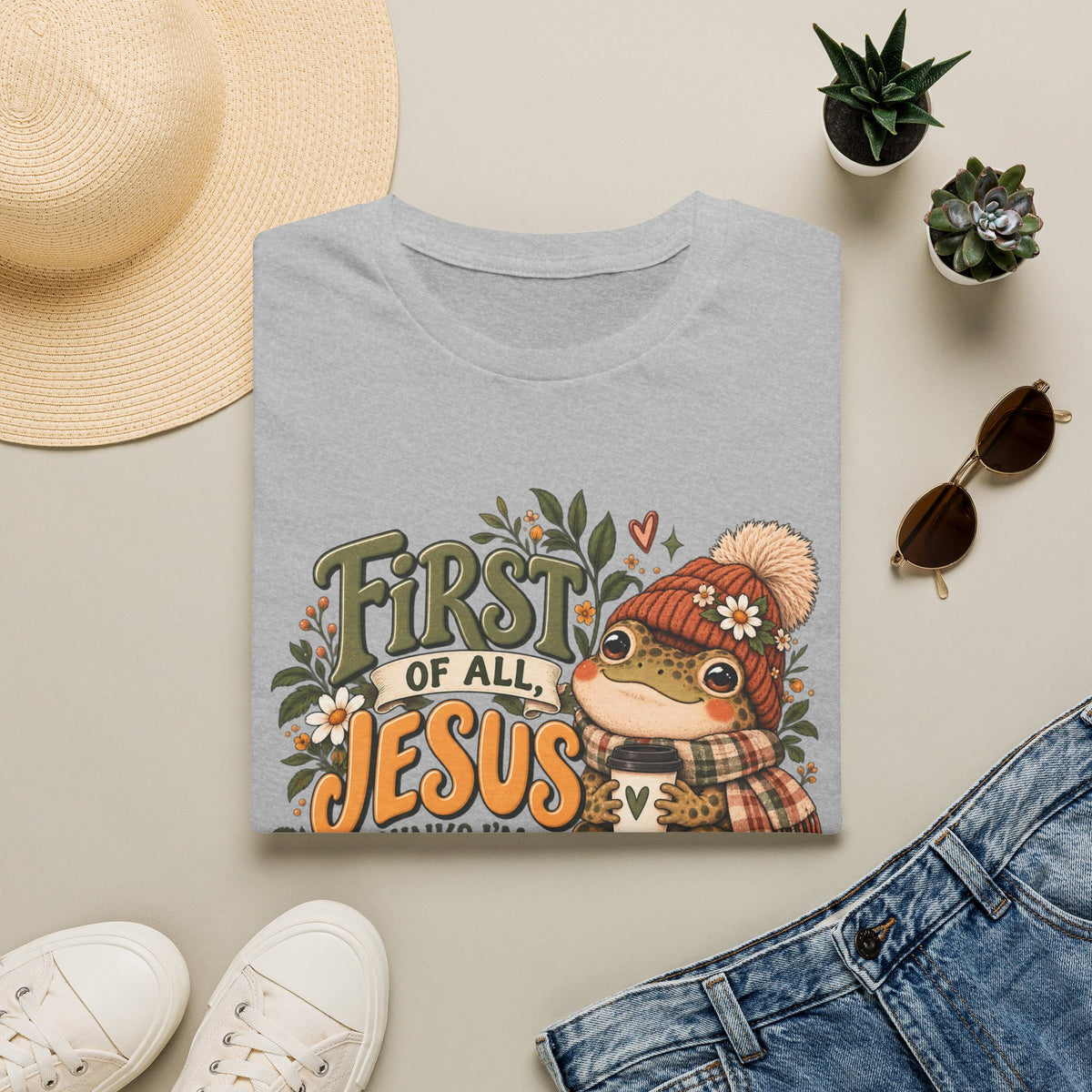 First of All Jesus Fall Frog T-Shirt — Cute Autumn Christian Tee